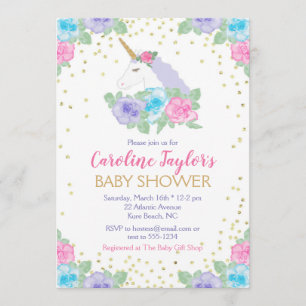 Invitación a Baby Shower de Unicornio rosa y dorad