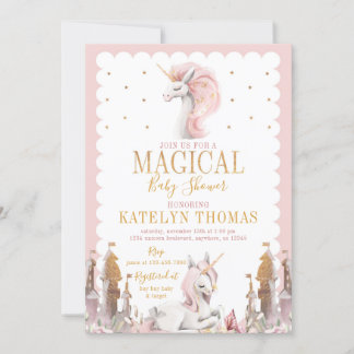 Invitación a Baby Shower de Unicornio rosa y dorad