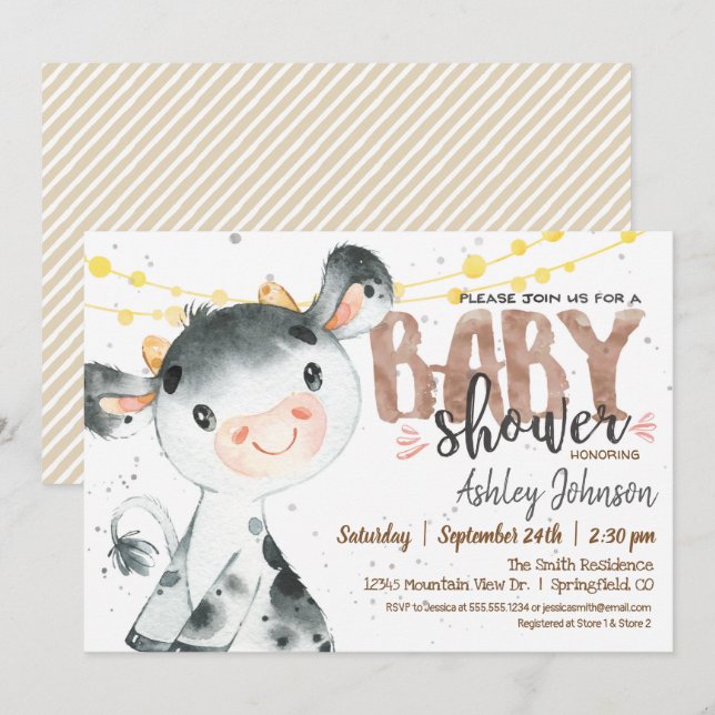 Invitación a Baby Shower de vaca, Boy, Farm (Anverso / Reverso)