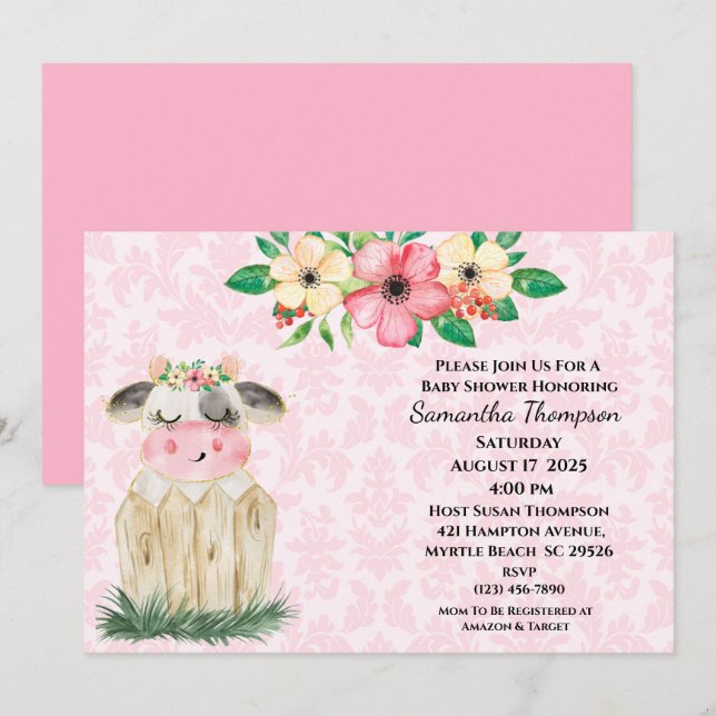 Invitación a Baby Shower de vaca floral rosa para  (Anverso / Reverso)