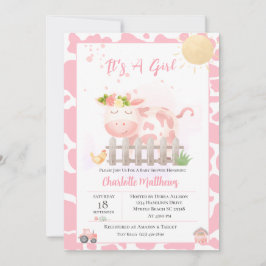 Invitación a Baby Shower de vaca rosada para chica