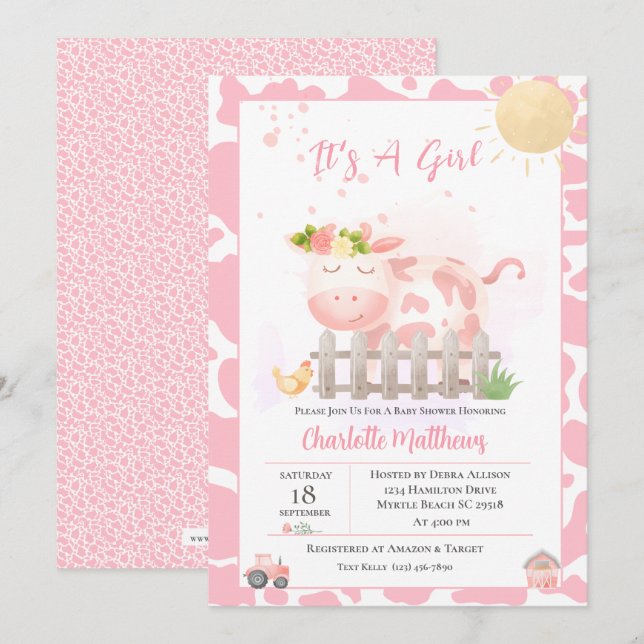 Invitación a Baby Shower de vaca rosada para chica (Anverso / Reverso)