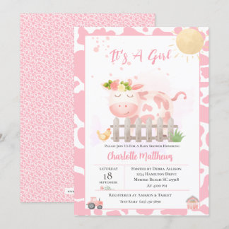 Invitación a Baby Shower de vaca rosada para chica