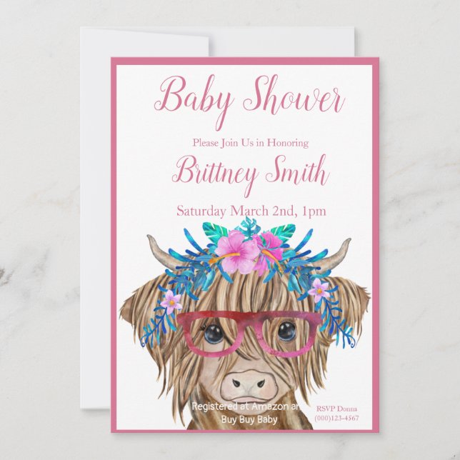 Invitación a Baby Shower de vaca, vaca Highland, C (Anverso)