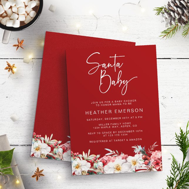 Invitación a Baby Shower de vacaciones para bebés  (Red Santa Baby Watercolor Rustic Boho Botanical Floral Baby Shower Invitation by Painted Paperie)