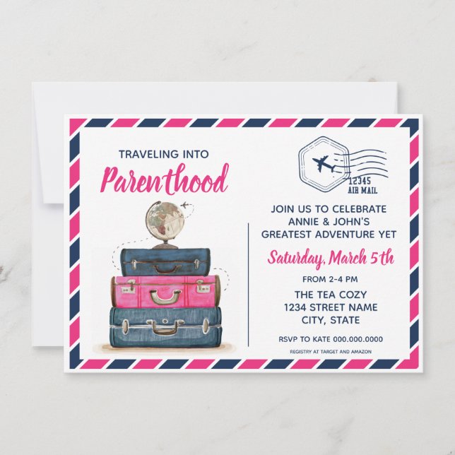 Invitación a Baby Shower de viajes con revelación  (Anverso)