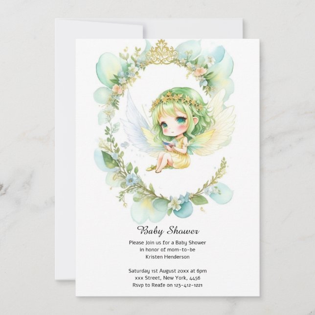 Invitación a Baby Shower de Watercolor Fairy (Anverso)