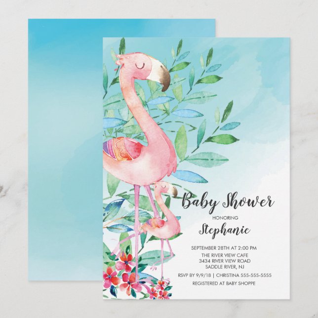 Invitación a Baby Shower de Watercolor Flamingo (Anverso / Reverso)