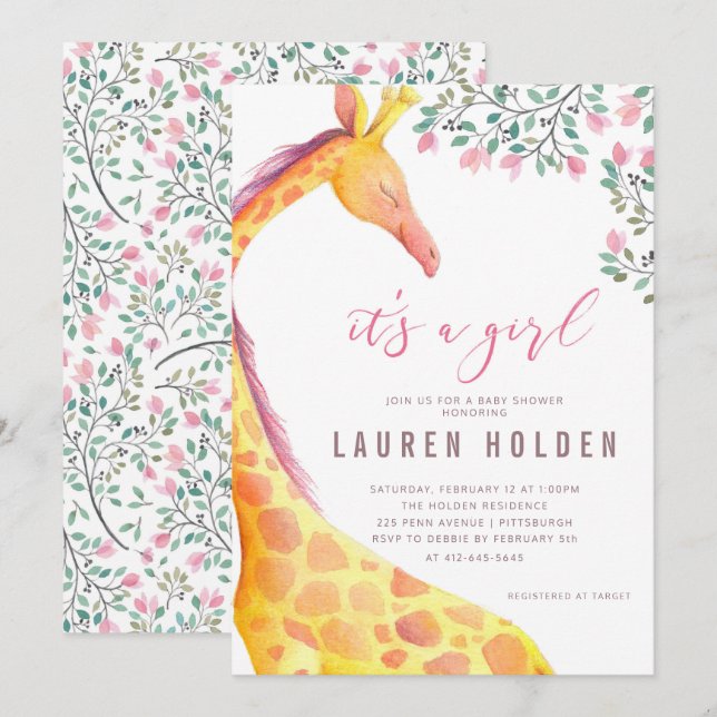 Invitación a Baby Shower de Watercolor Giraffe (Anverso / Reverso)