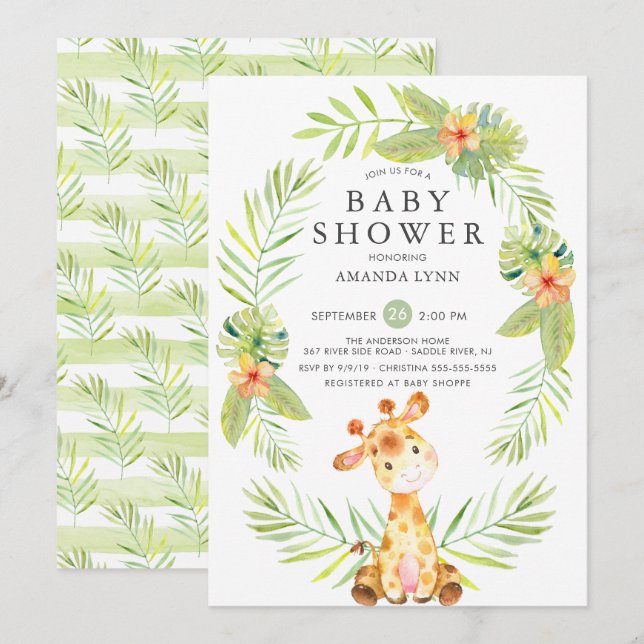 Invitación a Baby Shower de Watercolor Giraffe (Anverso / Reverso)