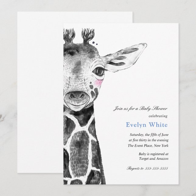 Invitación a Baby Shower de Watercolor Giraffe (Anverso / Reverso)