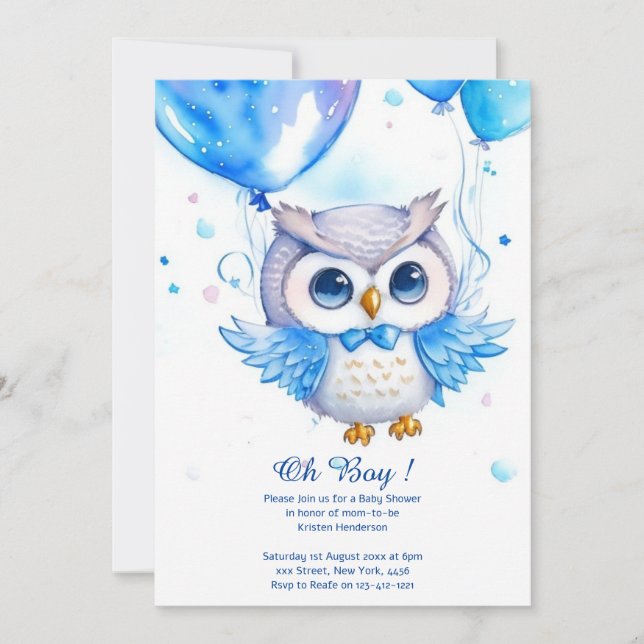 Invitación a Baby Shower de Watercolor Owl Boy (Anverso)