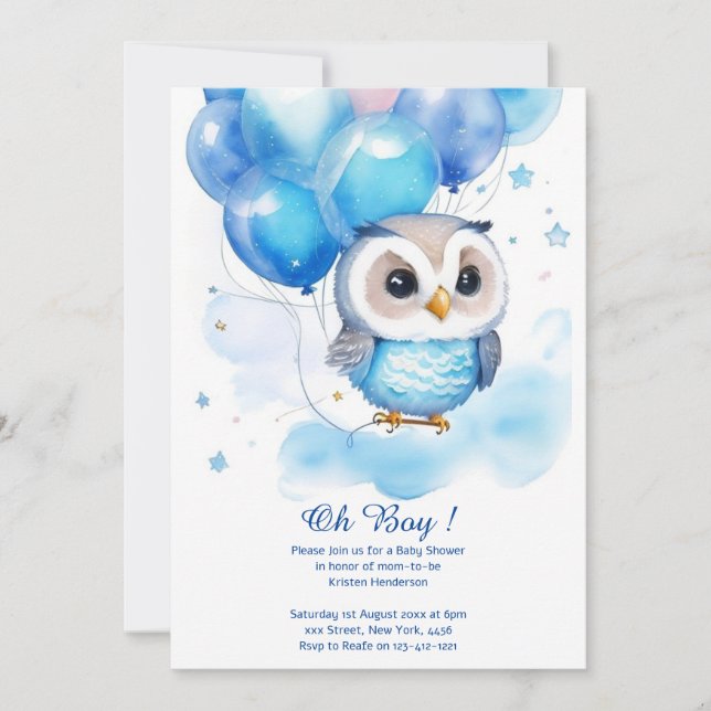 Invitación a Baby Shower de Watercolor Owl Boy (Anverso)