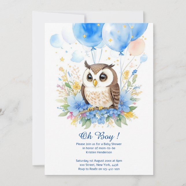 Invitación a Baby Shower de Watercolor Owl Boy (Anverso)