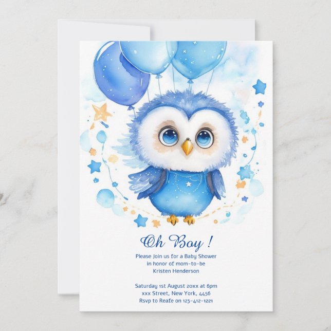 Invitación a Baby Shower de Watercolor Owl Boy (Anverso)