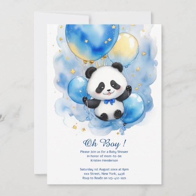 Invitación a Baby Shower de Watercolor Panda (Anverso)