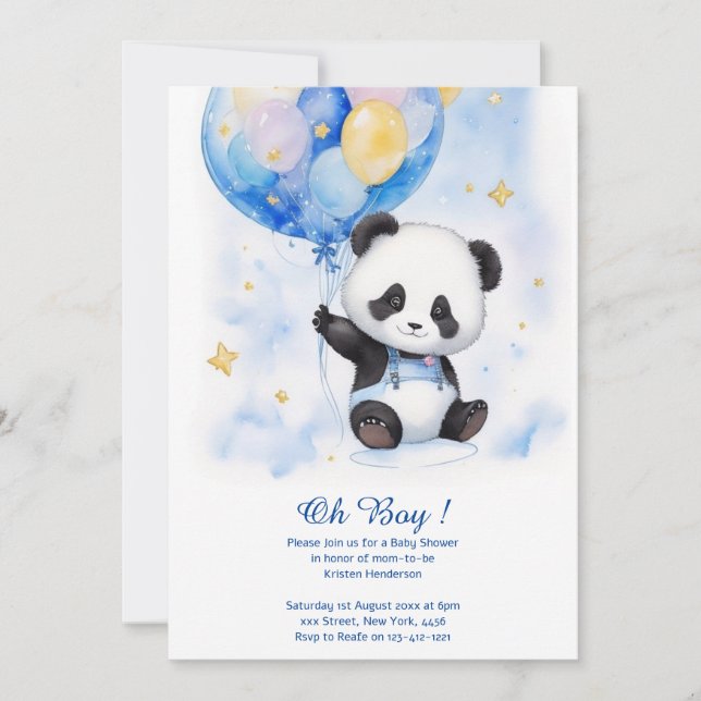 Invitación a Baby Shower de Watercolor Panda (Anverso)