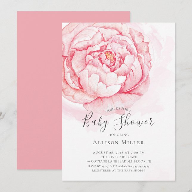 Invitación a Baby Shower de Watercolor Peonies (Anverso / Reverso)