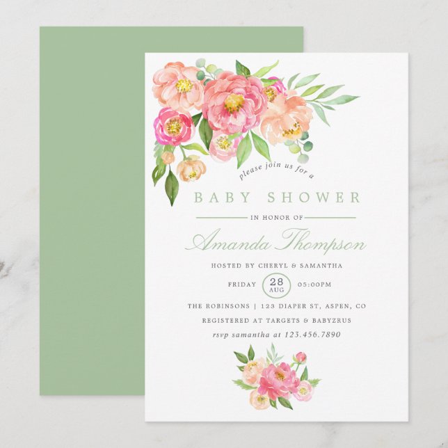 Invitación a Baby Shower de Watercolor Peony (Anverso / Reverso)