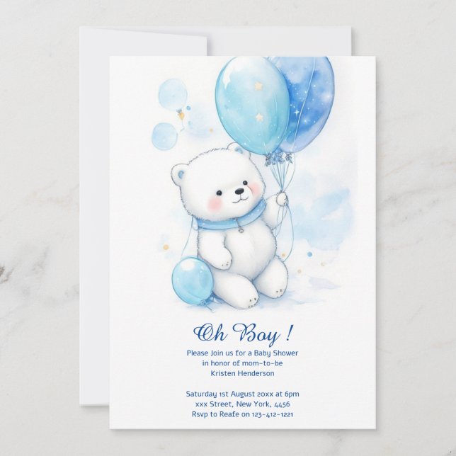 Invitación a Baby Shower de Watercolor Polar Bear  (Anverso)