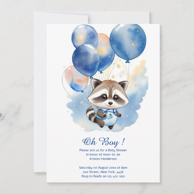 Invitación a Baby Shower de Watercolor Raccoon (Anverso)