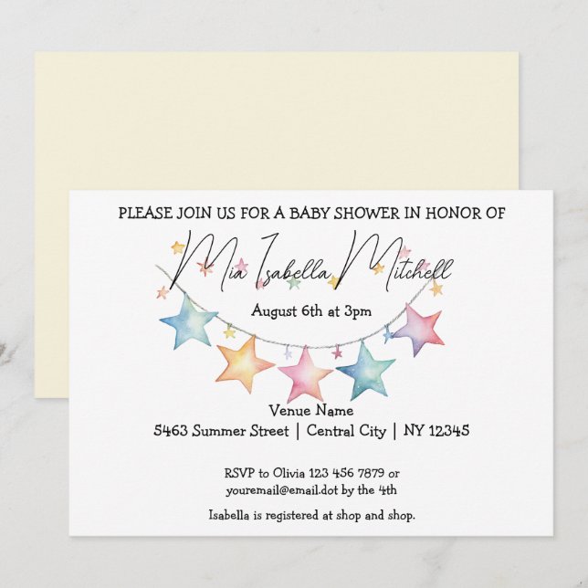Invitación a Baby Shower de Watercolor Stars (Anverso / Reverso)