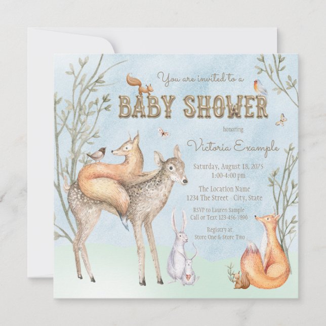 Invitación a Baby Shower de Watercolor Woodland (Anverso)
