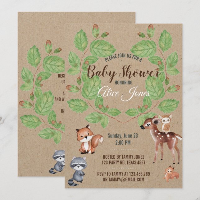 Invitación a Baby Shower de Watercolor Woodland An (Anverso / Reverso)