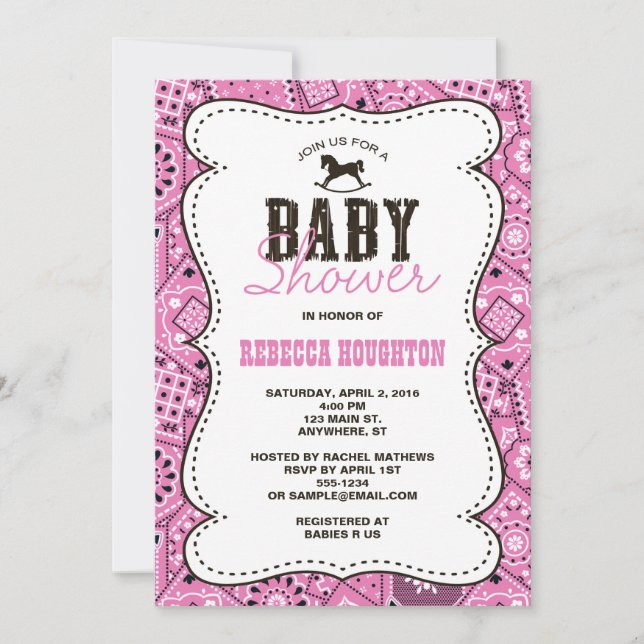 Invitación a Baby Shower de Western Pink Bandanna (Anverso)