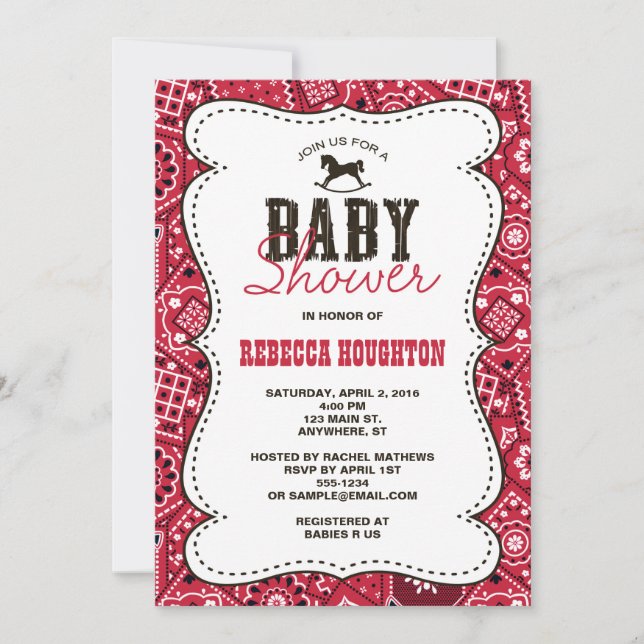 Invitación a Baby Shower de Western Red Bandanna (Anverso)