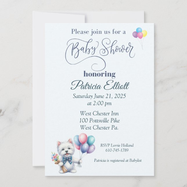 Invitación a Baby Shower de Westie and Balloons (Anverso)
