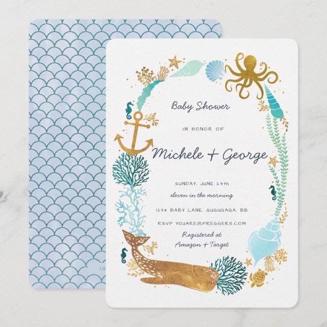 Invitación a Baby Shower de Whale Ocean (Anverso / Reverso)