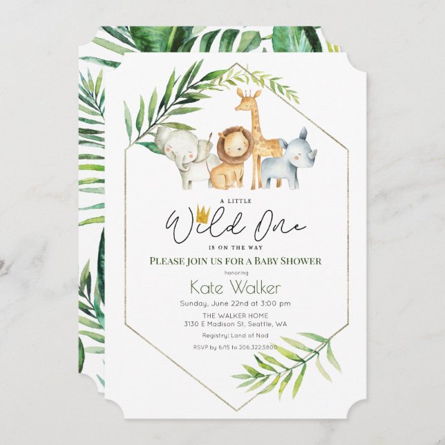 Invitación a Baby Shower de Wild One Jungle Safari (Anverso / Reverso)