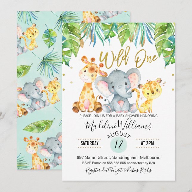 Invitación a Baby Shower de Wild One Jungle Safari (Anverso / Reverso)