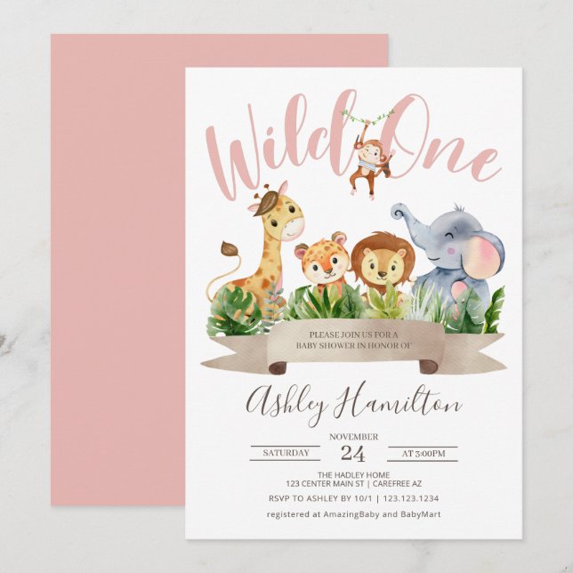 Invitación a Baby Shower de Wild One Jungle Safari (Anverso / Reverso)