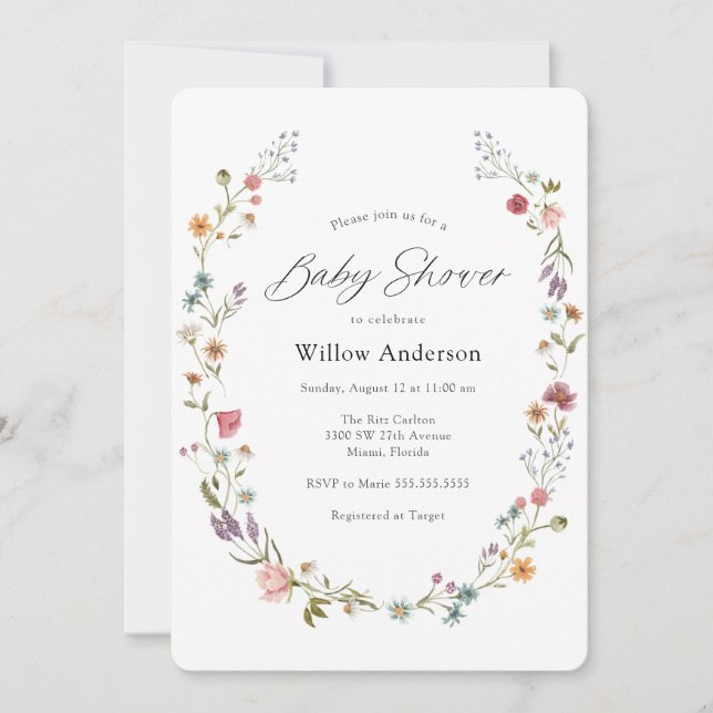 Invitación a Baby Shower de Wildflower Wreath (Anverso)