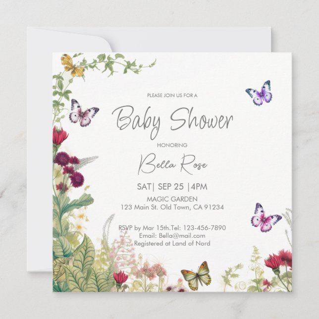 Invitación a Baby Shower de Wildflowers Butterflie (Anverso)