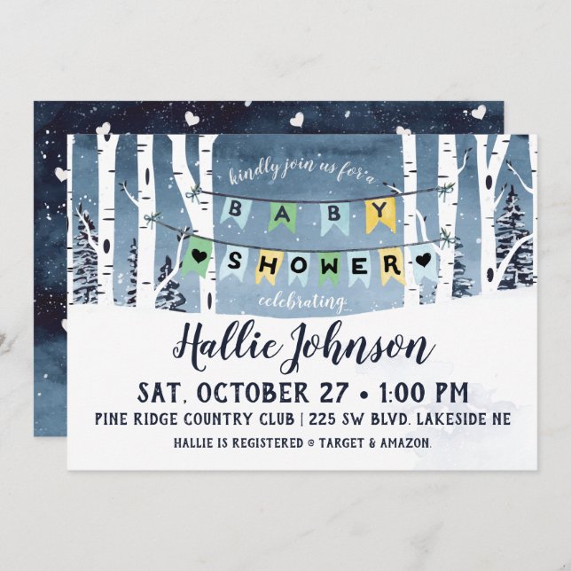 Invitación a Baby Shower de Winter Forest (Anverso / Reverso)