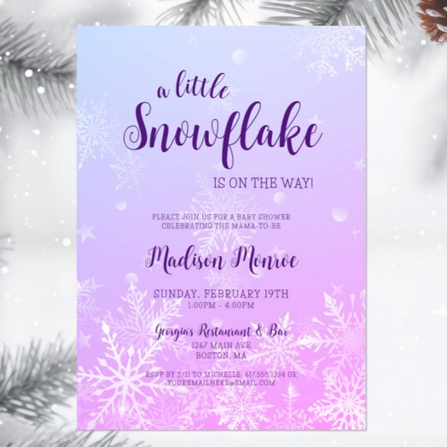 Invitación a Baby Shower de Winter Wonderland Snow (A little snowflake is on the way Baby Shower Invitation, Winter Wonderland Invite, Purple Blue )