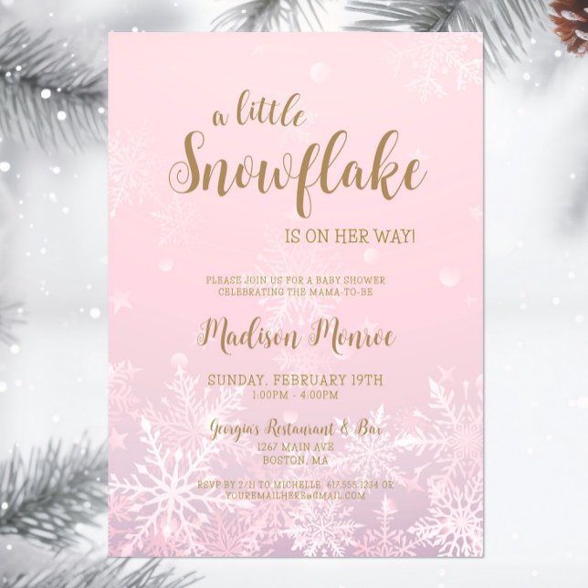 Invitación a Baby Shower de Winter Wonderland Snow (A little snowflake is on her way Baby Shower Invitation, Winter Wonderland Invite, Pink Gold Script)