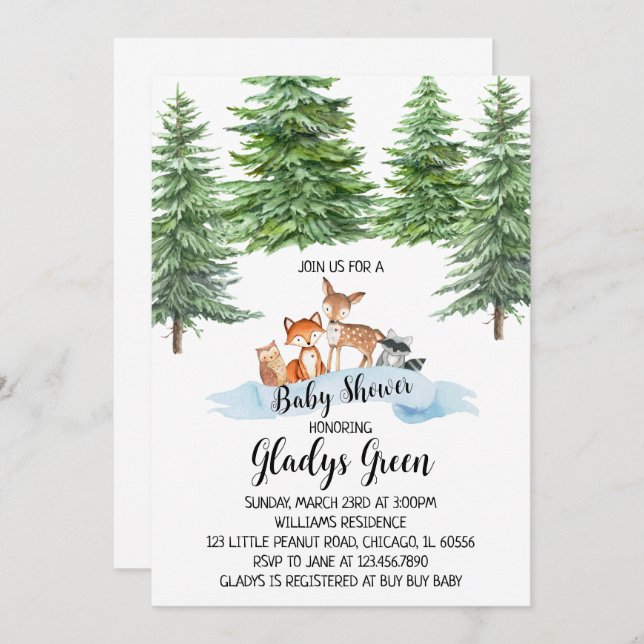 Invitación a Baby Shower de Winter Woodland (Anverso / Reverso)