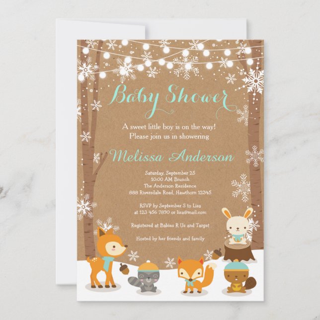 Invitación a Baby Shower de Winter Woodland (Anverso)