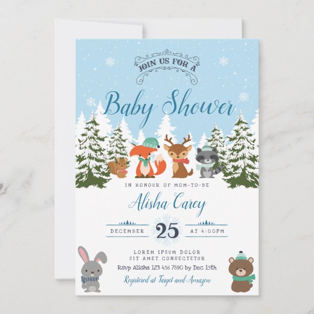 Invitación a Baby Shower de Winter Woodland (Anverso)