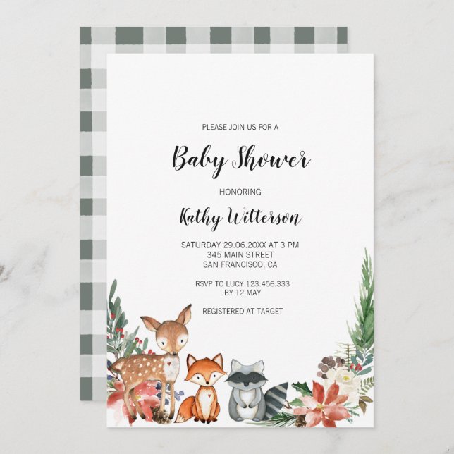 Invitación a Baby Shower de Winter Woodland (Anverso / Reverso)
