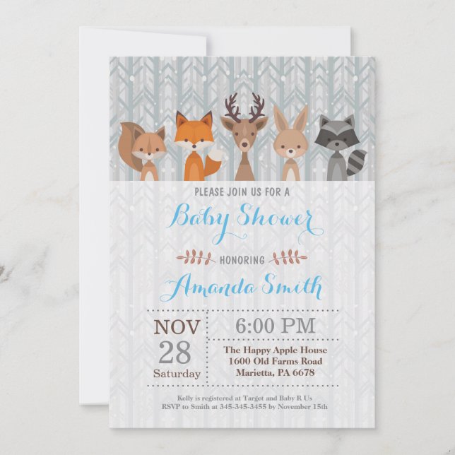 Invitación a Baby Shower de Winter Woodland Animal (Anverso)