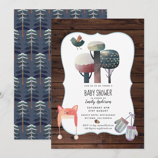 Invitación a Baby Shower de Winter Woodland Rústic (Anverso / Reverso)