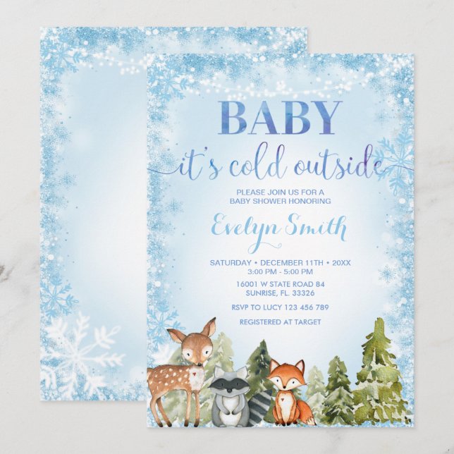 Invitación a Baby Shower de Winter Woodland Snowfl (Anverso / Reverso)