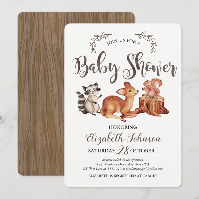 Invitación a Baby Shower de Woodland (Anverso / Reverso)