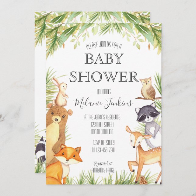 Invitación a Baby Shower de Woodland (Anverso / Reverso)