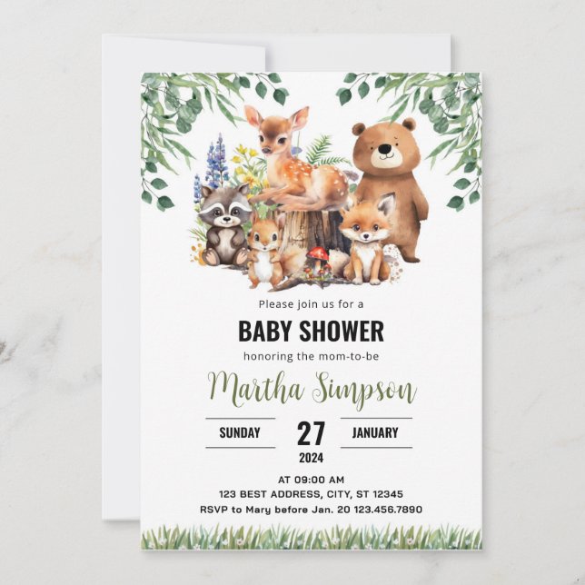 Invitación a Baby Shower de Woodland | Animales de (Anverso)